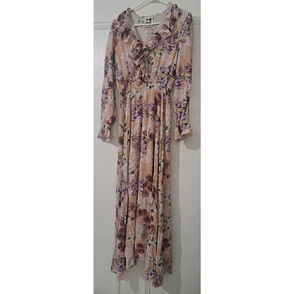 Jaase Womens Medium dress Long Peasant Gypsy Boho Floral Maxi Beige Lavender